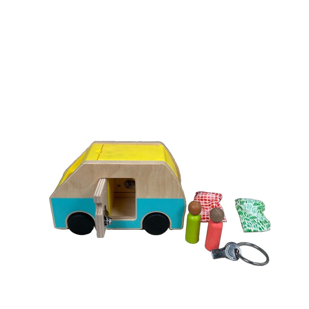 Lovevery Montessori Wooden Camper Van Toy With Keys 2 people & sleeping bags